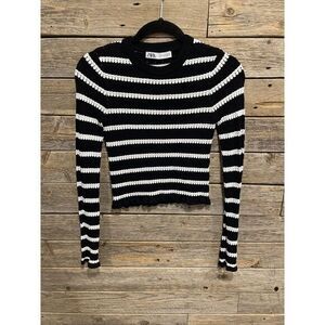 Women's Zara Black and‎ White Striped Pointelle Top Size Small
